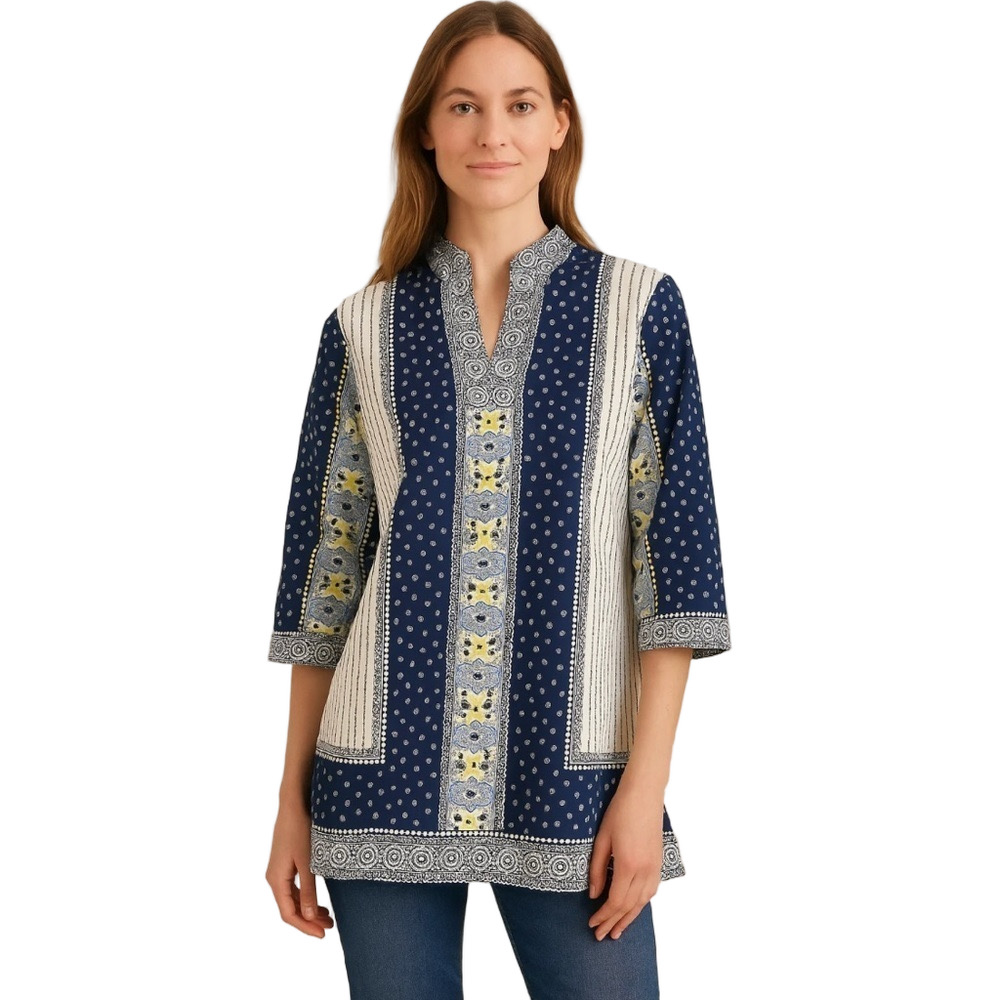 NEW Foxcroft Scarf Print Tunic, Blue/White, Size 10